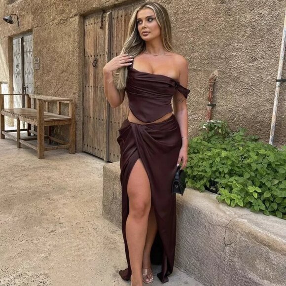 House of CB Set Una Satin Corset Top Large & Vesper Rich Brown Satin Large - Picture 1 of 9